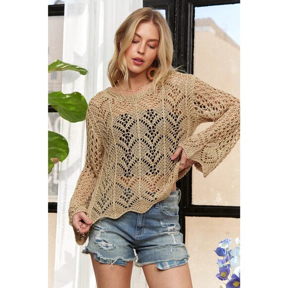ADORA Long Sleeves Round Neck Scallop Edge Relaxed Fit Crochet Top | Natural - Picture 7 of 9